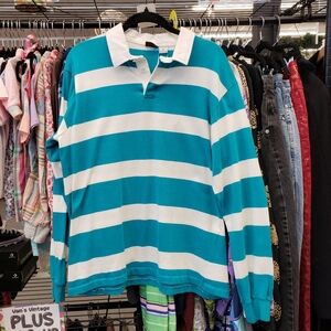 Vintage 1990s Teal & White Striped Rugby Polo Shirt